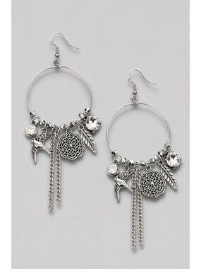 Paparazzi Silver Bird Feather Charm Hoop Earrings Rhinestone Boho Dangle NWT